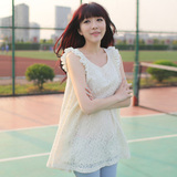 2012春装 女装韩版甜美雪纺拼接小飞袖无袖蕾丝背心连衣裙E0092