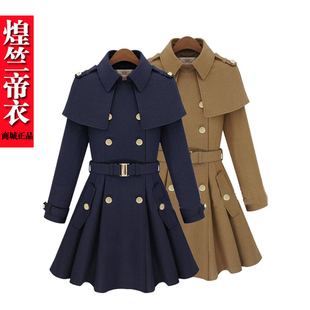  清仓秋冬新款英伦风斗篷大码双排扣毛呢外套修身呢子大衣女