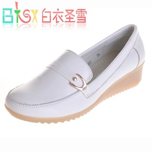  白衣圣雪 白色软牛皮坡跟牛筋底真皮护士鞋单鞋HS-059 妈妈鞋包邮