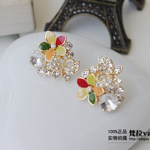  梵拉饰品 花朵钻石蝴蝶耳钉 超强保色镀真金耳饰