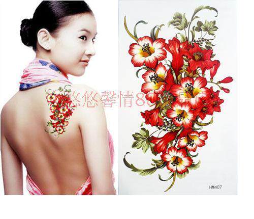 2011防水防汗纹身贴纸大红百合花大图HM407女生适用可批发
