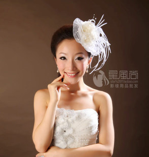  新娘头饰蕾丝芭蕾舞头花羽毛花帽新娘结婚婚庆发饰花帽结婚配饰品
