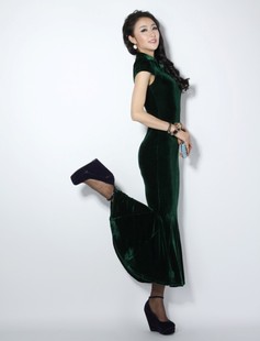  绝色女装欧美修身连衣裙绿色ol气质丝绒长旗袍长裙