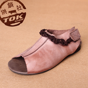  TOKharoi正品 进口油蜡牛皮手工个性 时尚休闲平跟舒适罗马女凉鞋