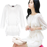 2012新款女装上衣夏季韩版衬衫中长款蕾丝打底衫短袖白色雪纺衫
