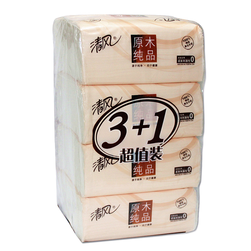 【天猫超市】清风 纸巾 抽纸 原木纯品抽取式面纸 2层150抽*4包