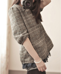  日系原单质量蕾丝下摆拼接格子复古公主泡泡袖宫廷风娃娃衫T恤女