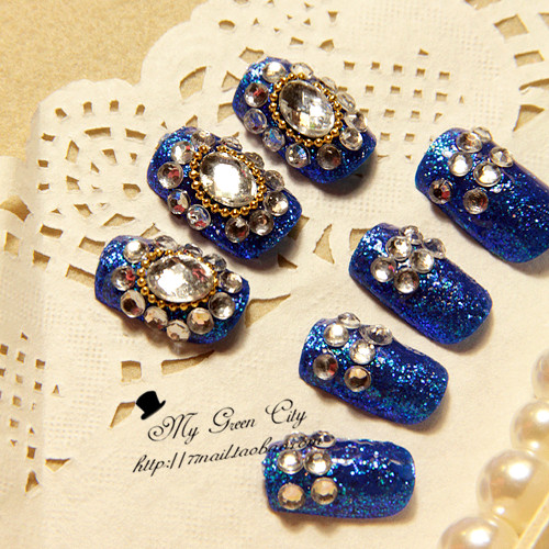 新娘美甲 宝蓝色立体装饰假指甲...