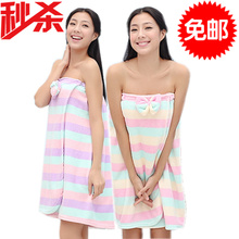 秋冬新款蝴蝶结大方条纹珊瑚绒女士裹胸浴裙浴衣浴袍浴巾睡袍包邮