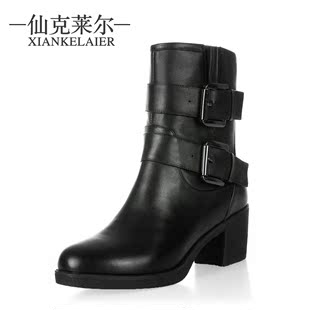  新款真皮女鞋冬季高跟短靴粗跟女靴马丁靴子欧美机车靴棉靴