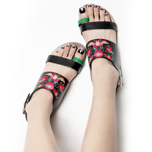  裂帛正品新款民族风平底女鞋夹趾平跟凉鞋22190014江上渔者