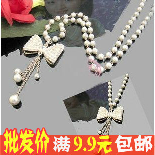  饰品批发厂家直销 日韩国饰品 韩版珍珠蝴蝶结毛衣链 项链 女
