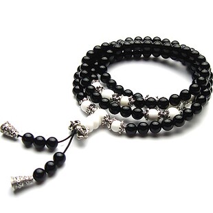  定意 6mm黑玛瑙+砗磲+藏银 佛珠手链 男士饰品 饰品男 男女饰品