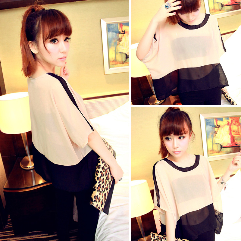 韩版女装撞色蝙蝠袖...