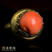 西藏藏传老铜手工镶嵌天然宝石珊瑚戒指扳指古玩古董收藏