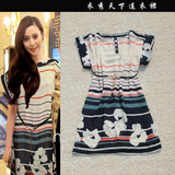 2012夏季新款女范冰冰同款蝙蝠袖条纹仿真丝连衣裙大牌大码显瘦款