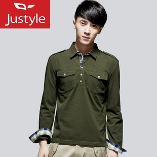  【Justyle】秋冬男士撞格贴布纯色长袖POLO衫 男款长袖
