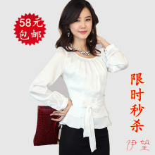 包邮2012新款春装 唯美蝴蝶结泡泡袖 纯色圆领长袖 修身雪纺衫