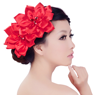  [特]千色新娘 红色缎面睡莲头花饰品 结婚头饰发饰礼服配饰 5色入