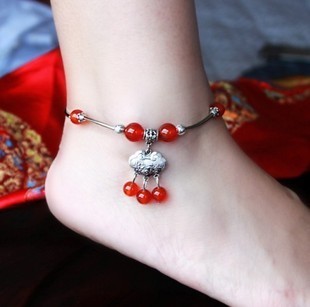  累积热销千件民族饰品批发本命年红玛瑙长命锁脚链女款-长