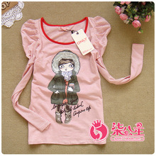 2012春装新款女装 欧美原单<span class=H>耸肩</span><span class=H>泡泡</span><span class=H>袖</span>可爱时尚条纹弹力<span class=H>长袖</span>T恤