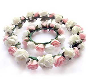  新娘粉色花环头饰手环 韩式仿真花发饰 结婚首饰 摄影演出配饰品