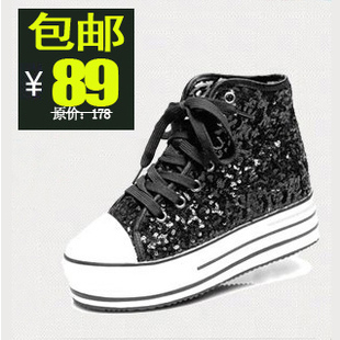  【天天特价】新品高帮鞋女鞋亮片松糕鞋厚底内增高单鞋休闲潮