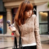 百搭圆领 耸肩 超级修身显瘦皮衣 皮衣 女 常规款 XS110705A3卡其
