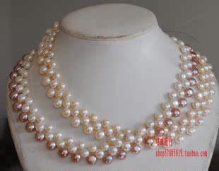  高质量 7-8-9mm 天然三排珍珠项链 结婚婚礼礼服6-8mm 41cm可加长