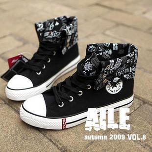  12秋冬季韩版潮流男士涂鸦高帮鞋翻边两穿法帆布鞋休闲鞋内增高鞋