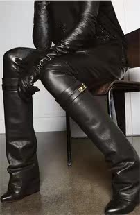  纪梵希GIVENCHY外贸高跟真皮长靴坡跟内增高牛皮靴尖头直筒靴特价