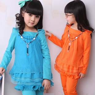  新款秋装女童童装 中大儿童原创多层蕾丝花边裙裤套装 包邮