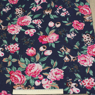 棉麻印花 裙子 旗袍 布料 服装 深蓝色底 蓝底红