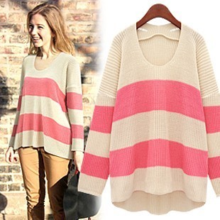 Korea purchasing genuine 2012 spring clothing women's CONTRAST COLOR stripes relaxed leisure in Europe and increase code head knit shirts