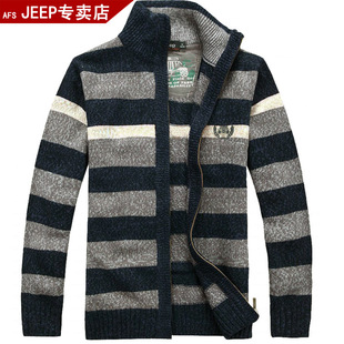  正品秒杀加厚AFS-JEEP吉普男士开衫毛衣羊毛衫外套条纹 针织衫 男