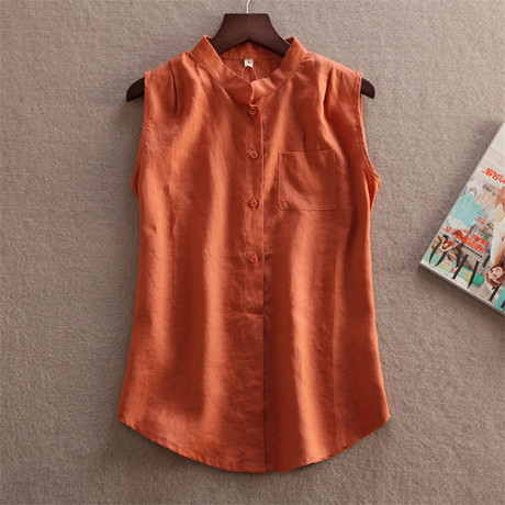 新款女装欧版大码棉麻布料无袖打底<em>衬衫背心</em> 
