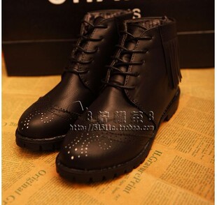  特价春秋韩版英伦范百搭流苏女靴简约短靴骑士靴平跟系带女靴