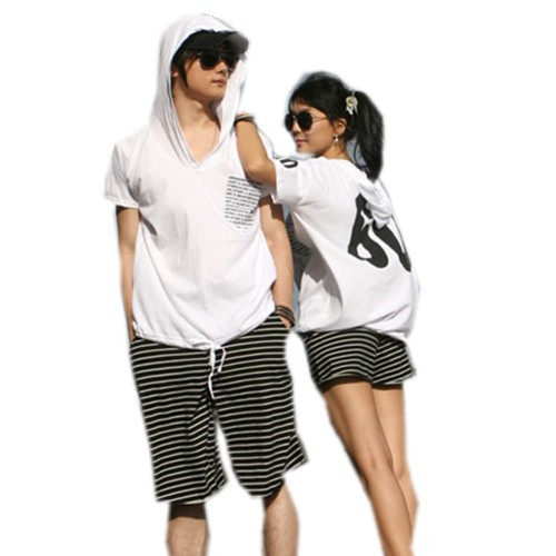 2011新款夏装韩版情侣装 女款休闲套装条纹短裤连帽卫衣短袖女装 价格:70.00