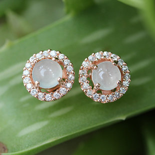  【珠宝】时尚玫瑰金镶嵌A货翡翠玉蛋面/老坑冰种玉耳钉/精工镶嵌