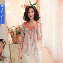 蓝色倾情2012春季新品女装休闲圆点花纹上衣七分袖娃娃领雪纺衬衫