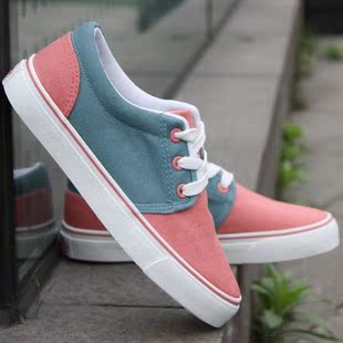  夏鞋韩版拼接拼色低帮平底时尚休闲帆布鞋系带女鞋板鞋男女情侣鞋