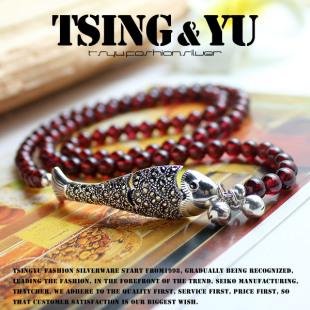  包邮新年礼物925纯银饰复古泰银小鱼纯天然石榴石女手链-如鱼得水