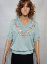 专柜正品2012夏装御之绣高级全手工绣珠女装短袖针织衫U31328水蓝