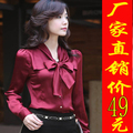 厂家直销春装新款韩版女装修身立领雪纺蝴蝶结女款长袖衬衫女衬衣