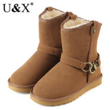 UX正品 2012冬 女鞋 牛皮防水皮带扣中筒雪地靴 女靴 厚 清仓