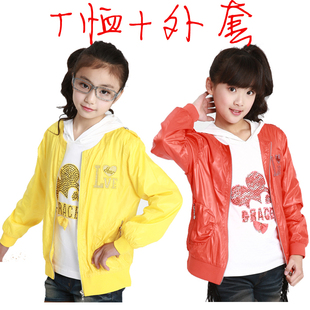  新款韩版女童2件套 连帽T恤+外套 儿童全棉套装运动两件套 春秋款