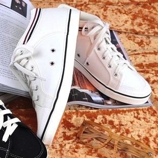  秋新款 时尚彩条韩版潮流中帮休闲帆布鞋 男士单鞋子板鞋