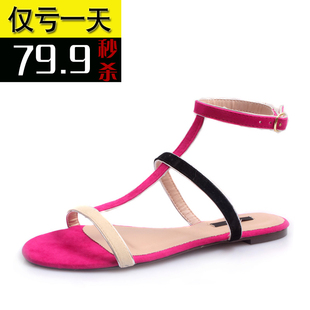  zara同款爆款拼接 撞色舒适露趾 平跟罗马鞋 平底凉鞋 女鞋