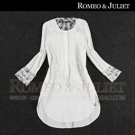 【罗家精品】2014欧美春装女装新款水溶蕾丝拼接中长款白衬衫衬衣