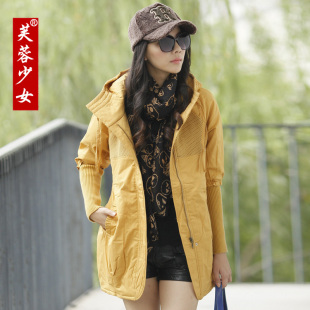  新品女士中长款棉衣罗纹袖连帽棉服女式保暖镂空女装外套棉袄